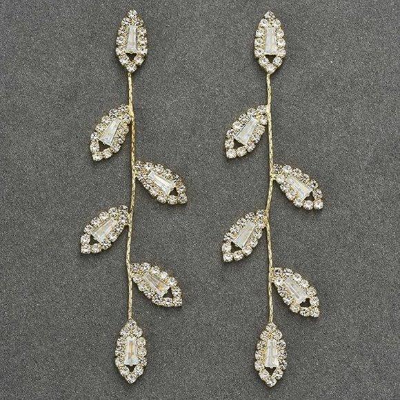 Vine Leaves Rhinestone CZ Pave Crystal Gold Leaf Earrings Bridal Long Formal New - Picture 1 of 7